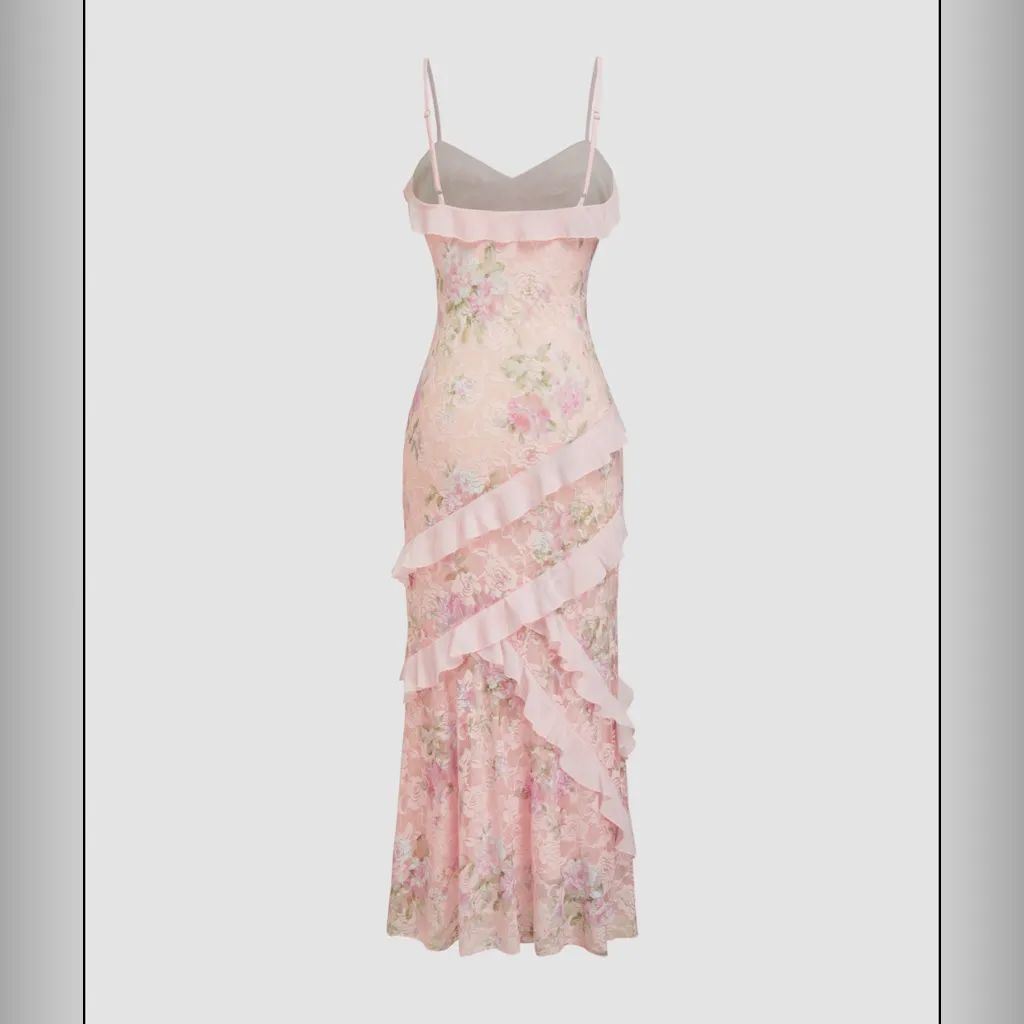 LACE V-NECK FLORAL RUFFLE MAXI DRESS - Image 2