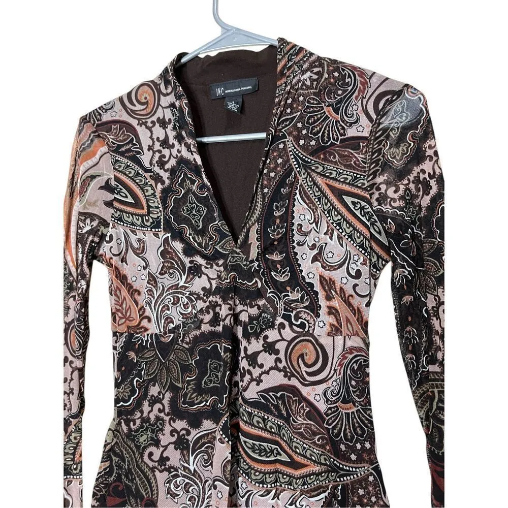 Vintage‎ INC International Concepts Y2K Long Sleeve Paisley Top Size S Brown - Image 2
