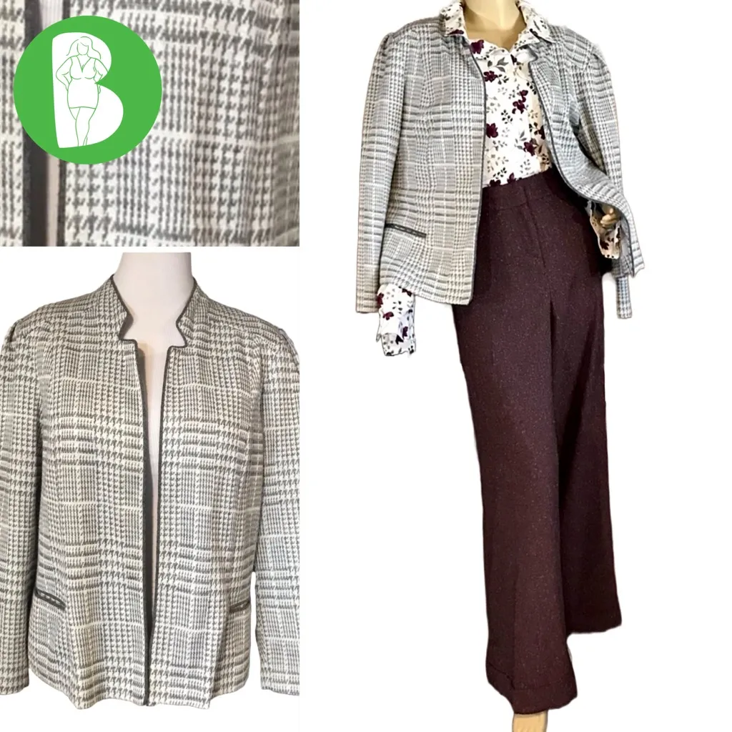 VINTAGE 1980'S UNBRANDED GRAY & WHITE PRINT OPEN FRONT CARDIGAN BLAZER (XL) - Image 2