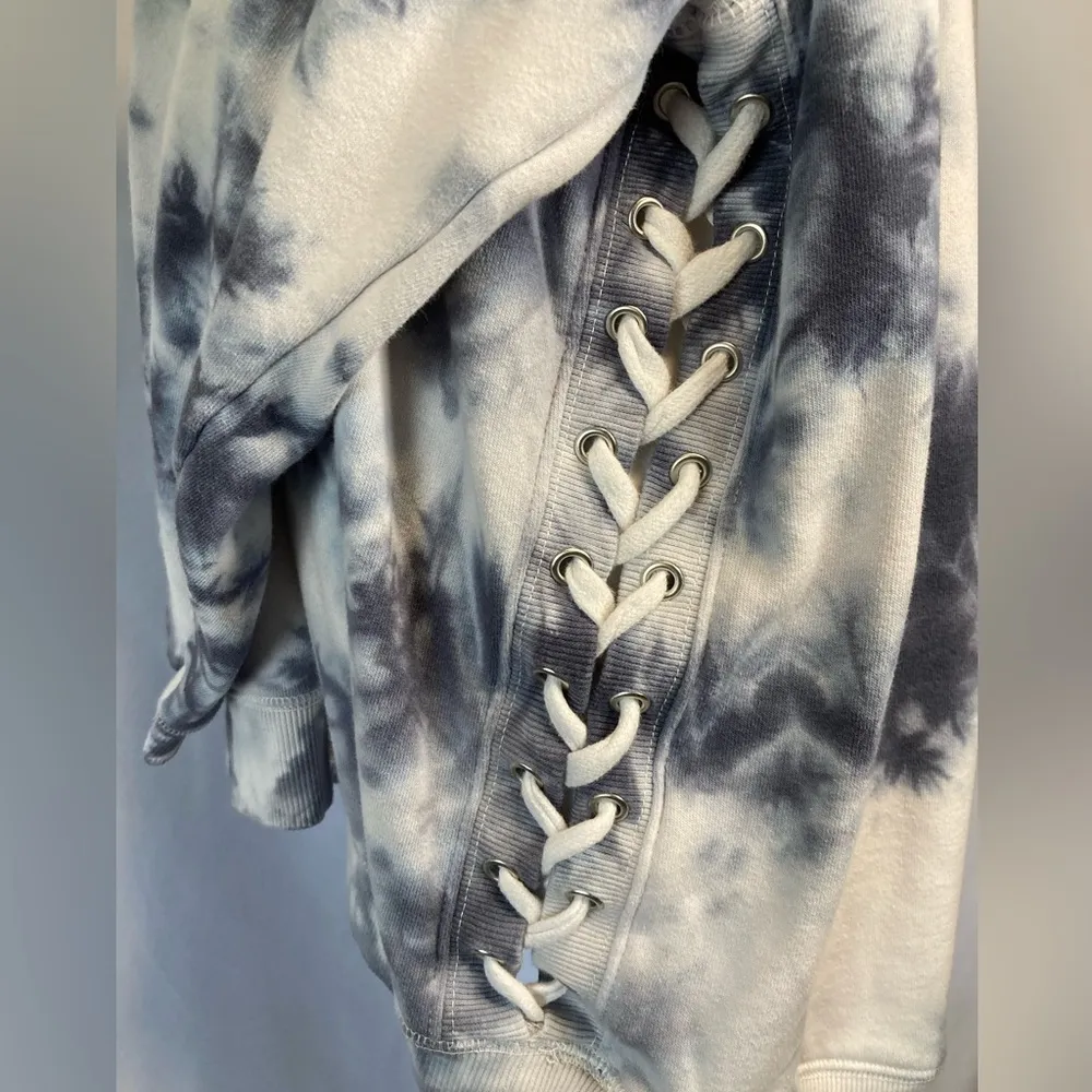 Blue Gray White Tie Dye Hooded Sweatshirt XL Laced Up Side American Star Y2K - Image 7
