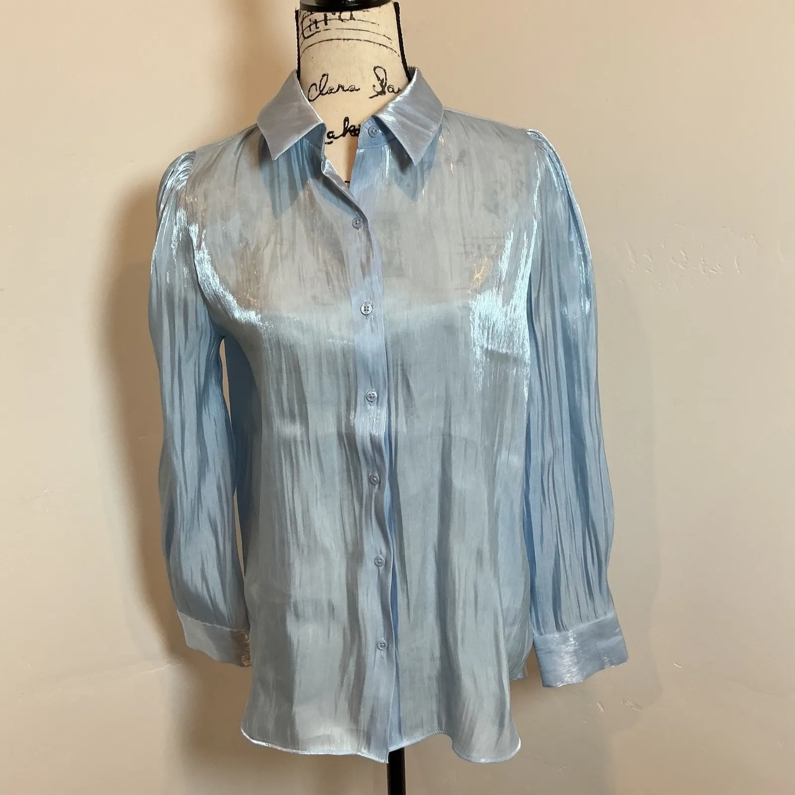 VICI Sheer Metallic Blue Puff Sleeve Button Up Shirt Top Size Small - Image 2