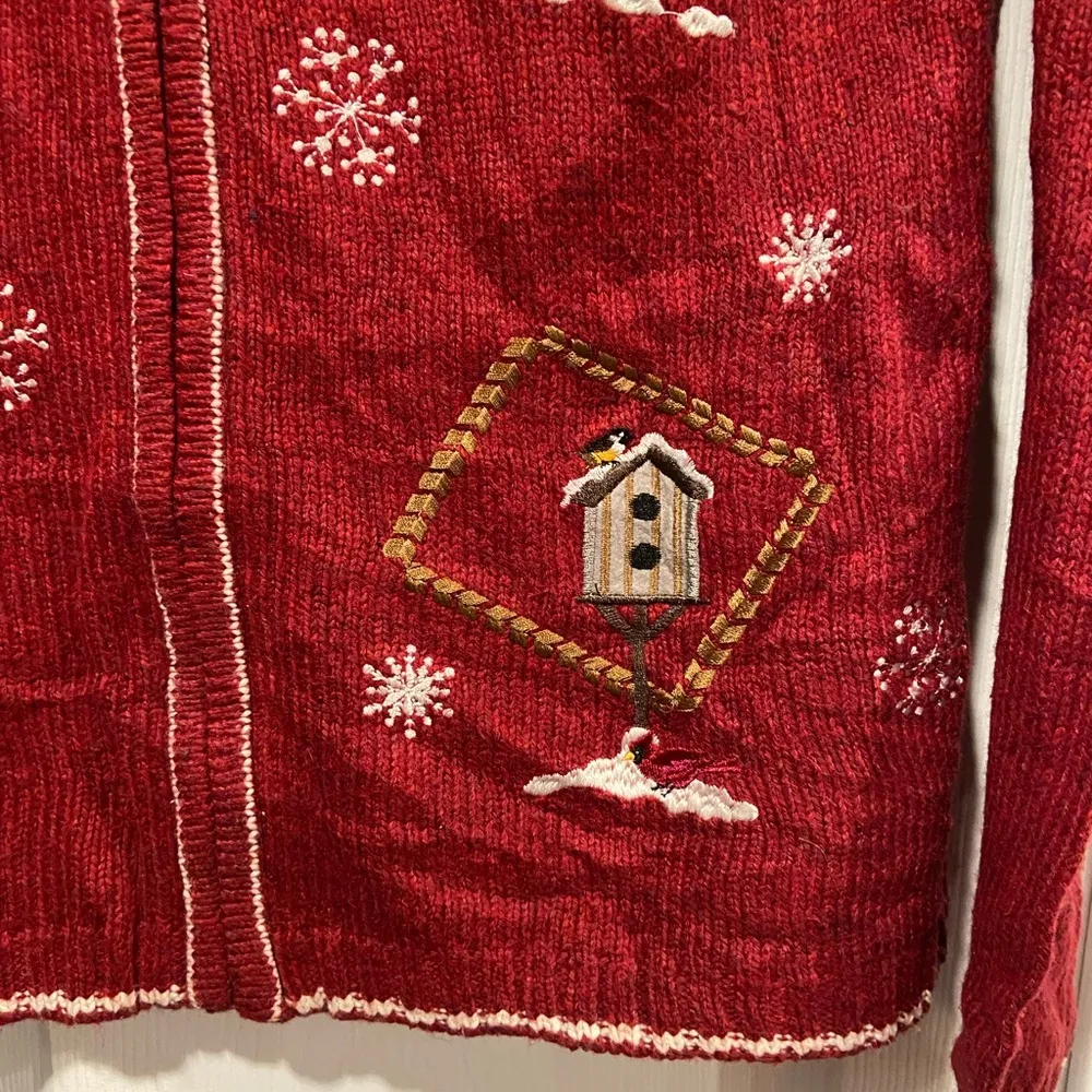VTG Croft & Barrow Size M Red and White Cardinal Snowflake Knit Full Zip Sweater - Image 5