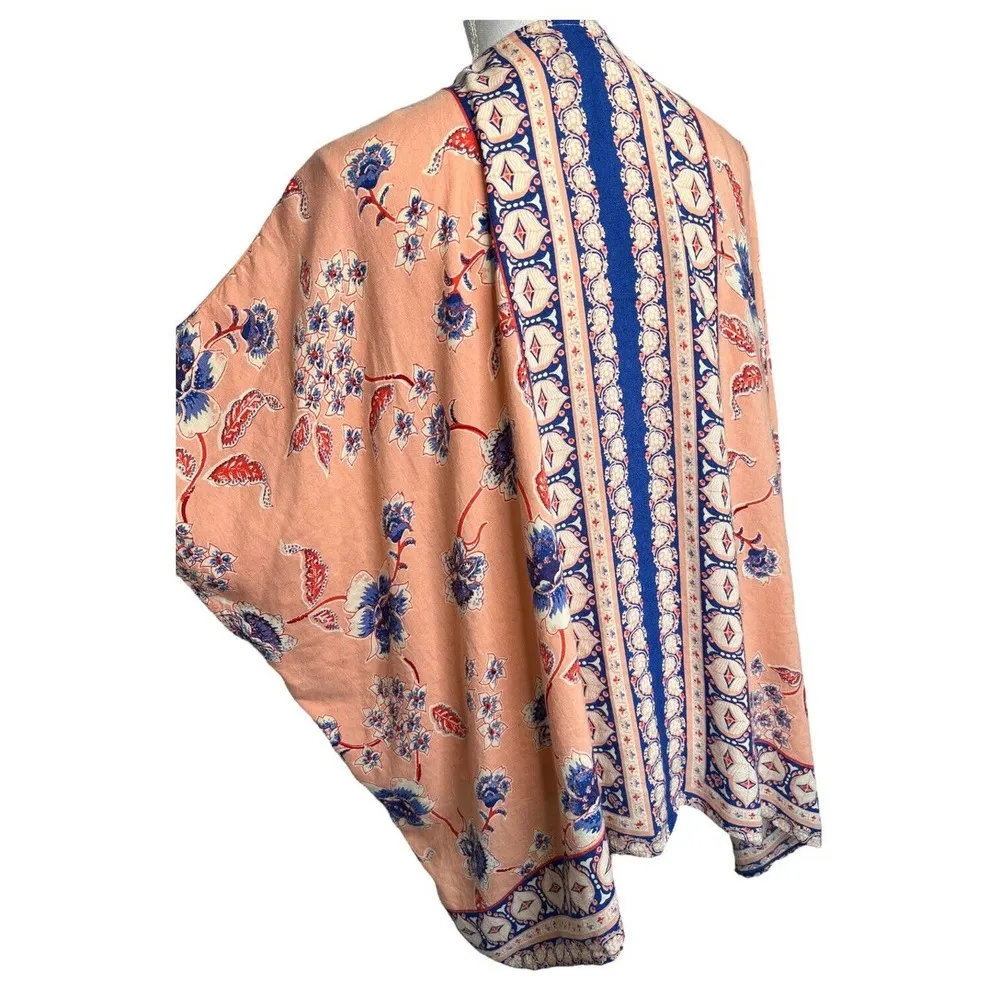 Angie Kimono Womens M Boho Floral Print Open Cardigan Lace Trim Dolman Peach - Image 10