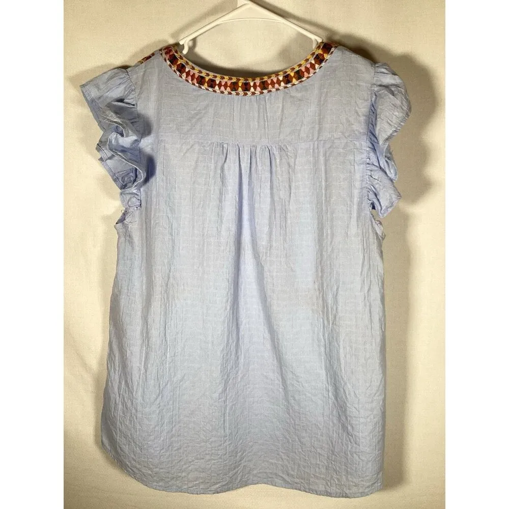 ENTRO Peasant Flutter Sleeve Blue Top Boho Cottagecore 100% Cotton Small - Image 5
