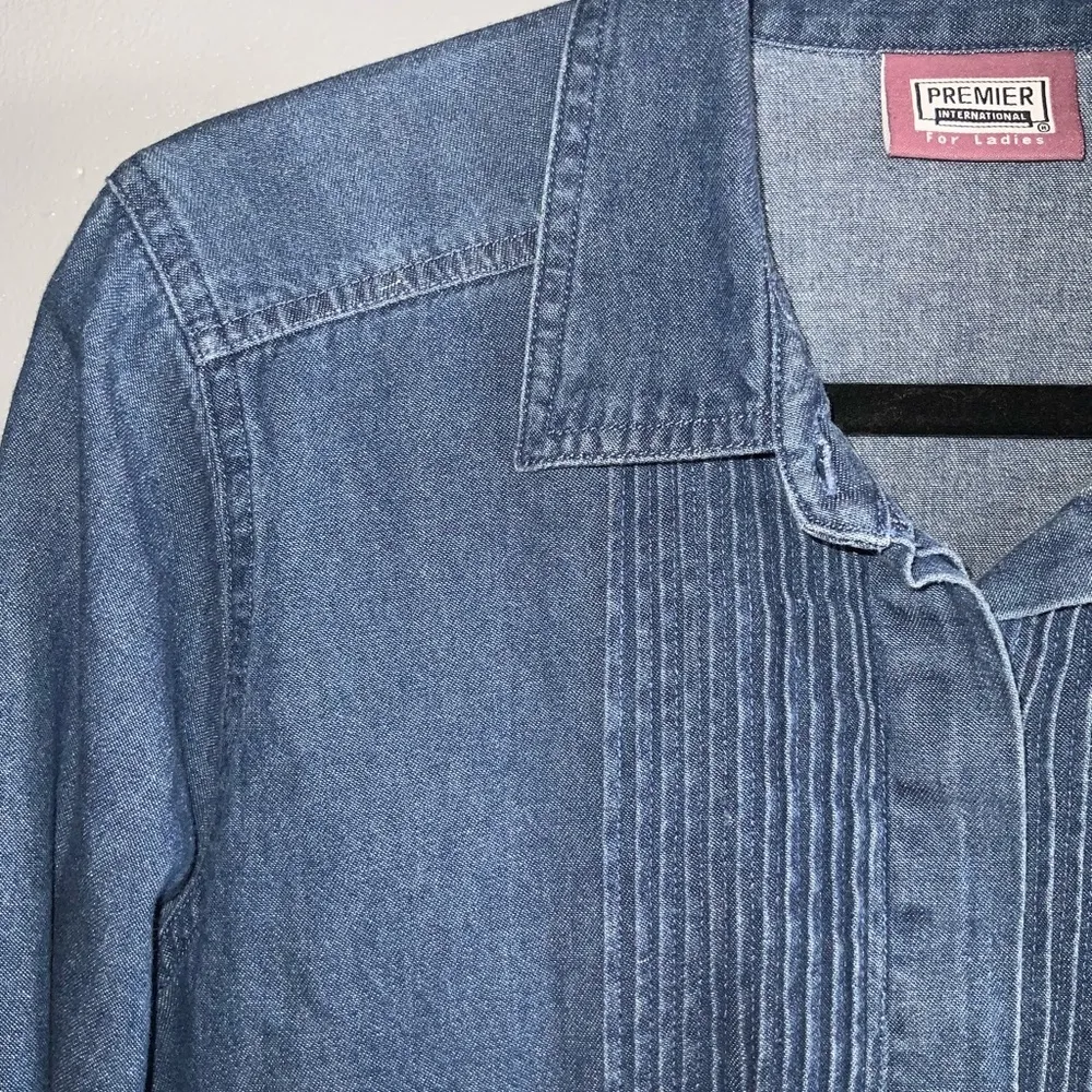 Premier International Vintg Blue Denim Pintuck Long Sleeve Button Front Shirt M Size M - Image 6