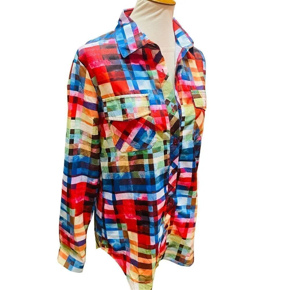 Unbranded Rainbow Checkered Button Down Long Sleeve Shirt Size Medium Red - Image 7