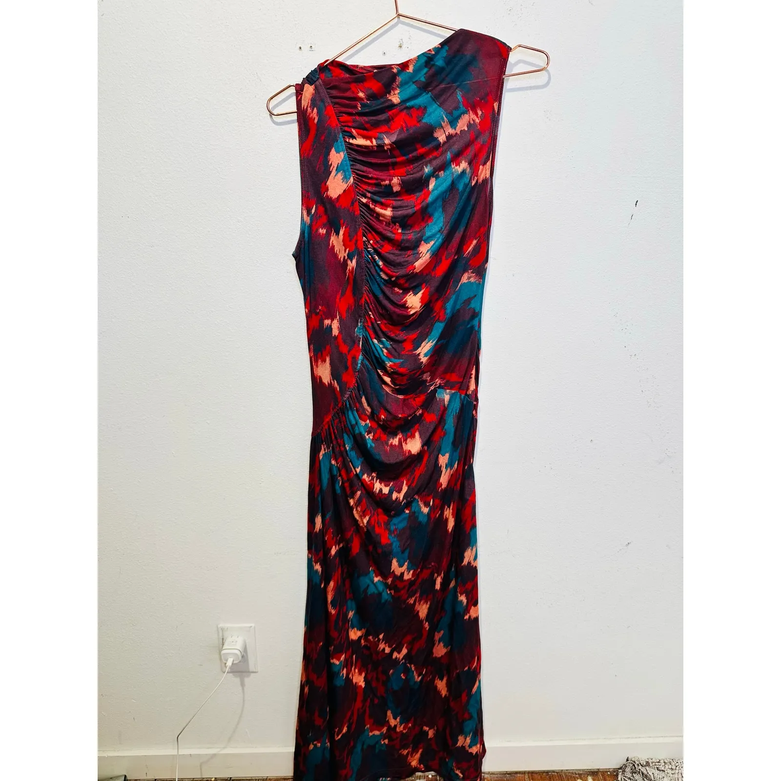 ULLA JOHNSON Red Green Abstract Boat Neck Side Ruched Livia Dress size Medium - Image 2