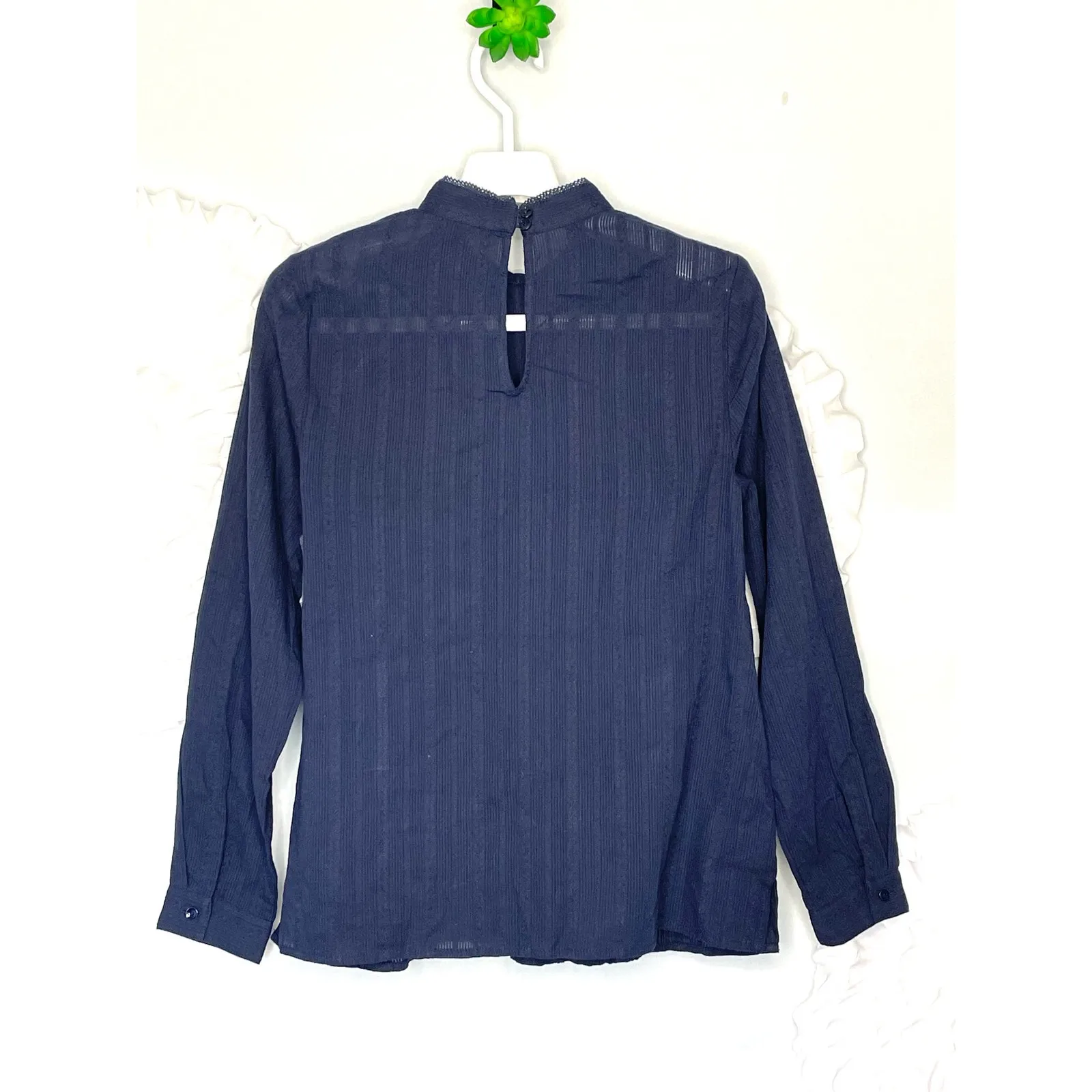Modcloth Blue Mock Neck Long Sleeve Top Crochet Lace Detail Size Small - Image 5