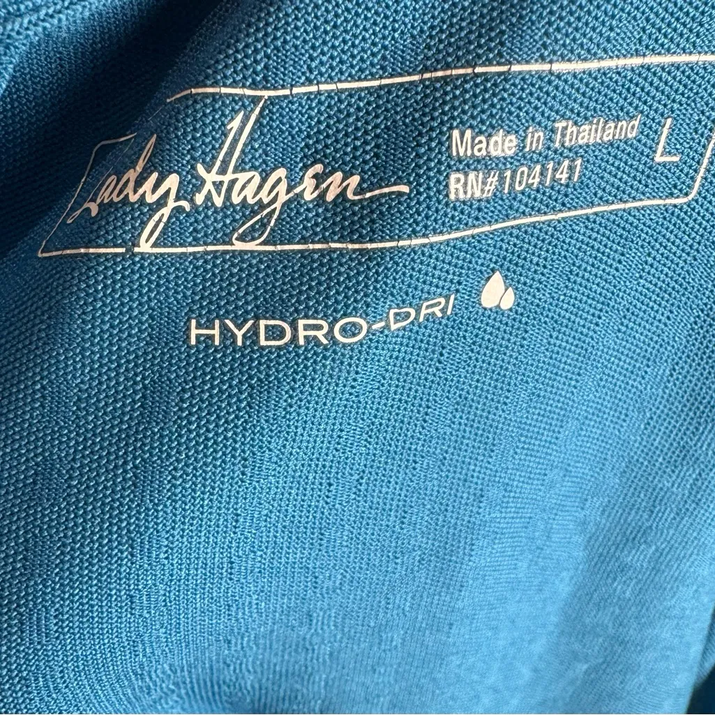 Lady Hagan blue textured and branded hydro dri gold polo size large - Image 6