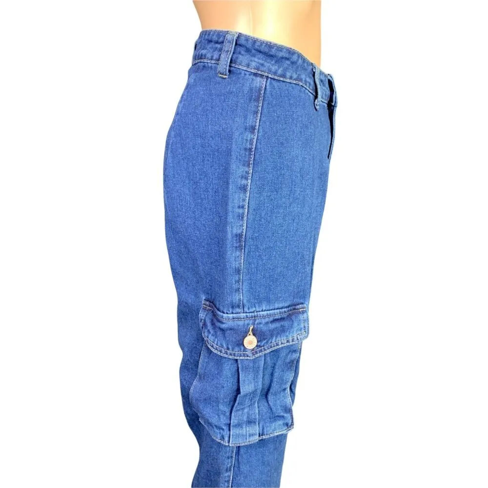 Shein Womens Denim Blue Jeans High Waist Cargo Pocket Mom Jeans Cropped XS - Image 4