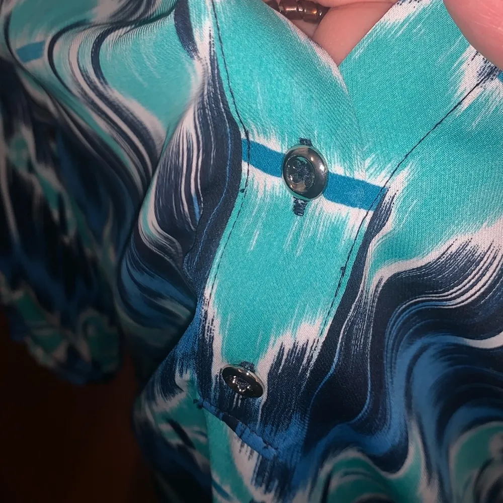 Banana Republic Petite Blue Ikat Riviera Blouse Bold Blue PM Medium Dress Shirt - Image 10