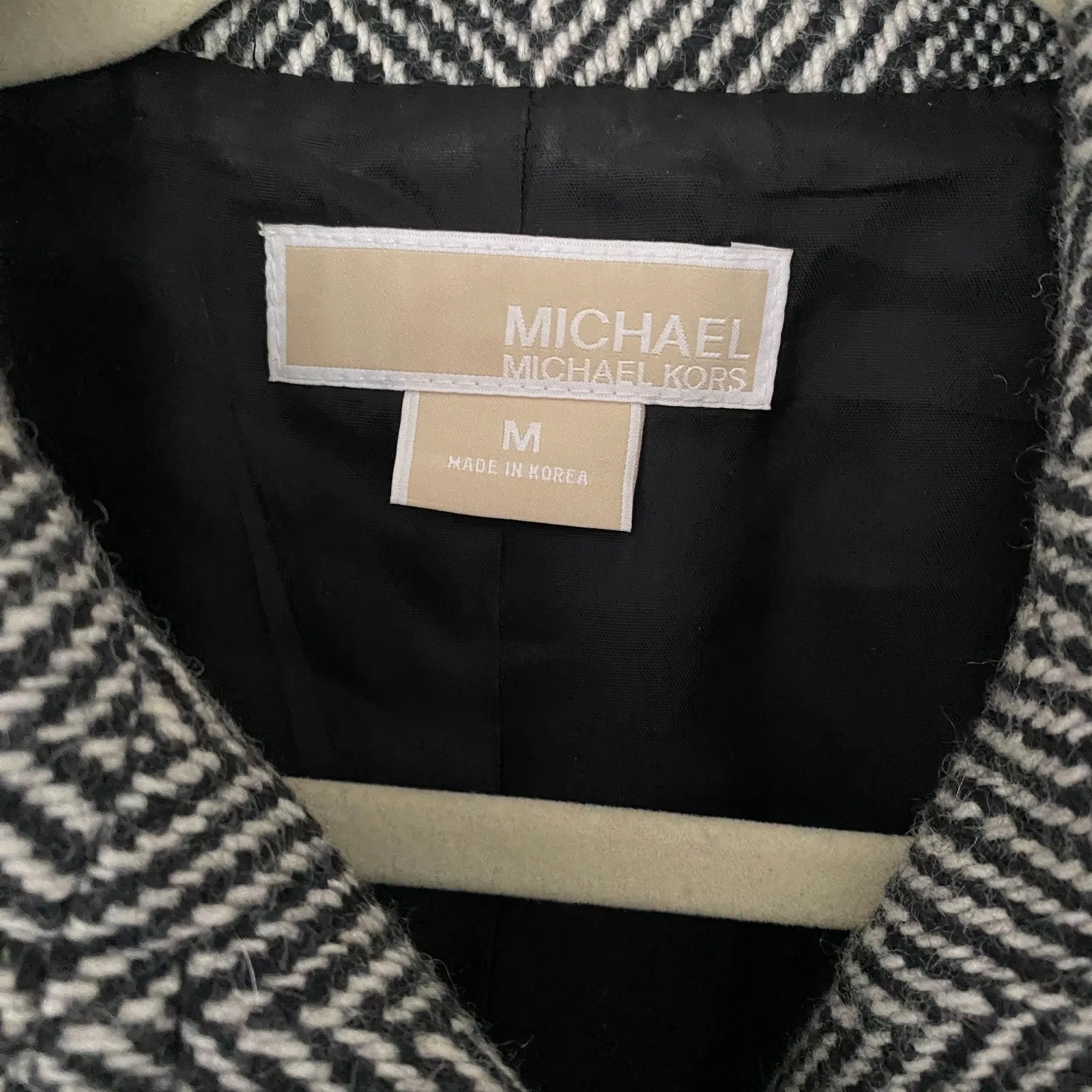 Michael Kors Black White Herringbone Patterned Breasted Wool Blend Coat M - Image 6