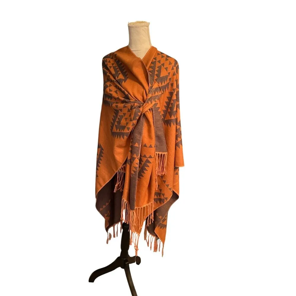 Aztec Southwestern Poncho Reversible Wrap Warm Soft With Fringe One SZ Orange Size undefined - Image 2