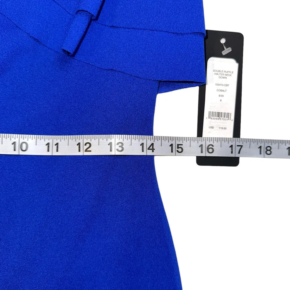 NWT BEBE Double Ruffle Halter Neck Side Slit Gown In Cobalt 6 - Image 8