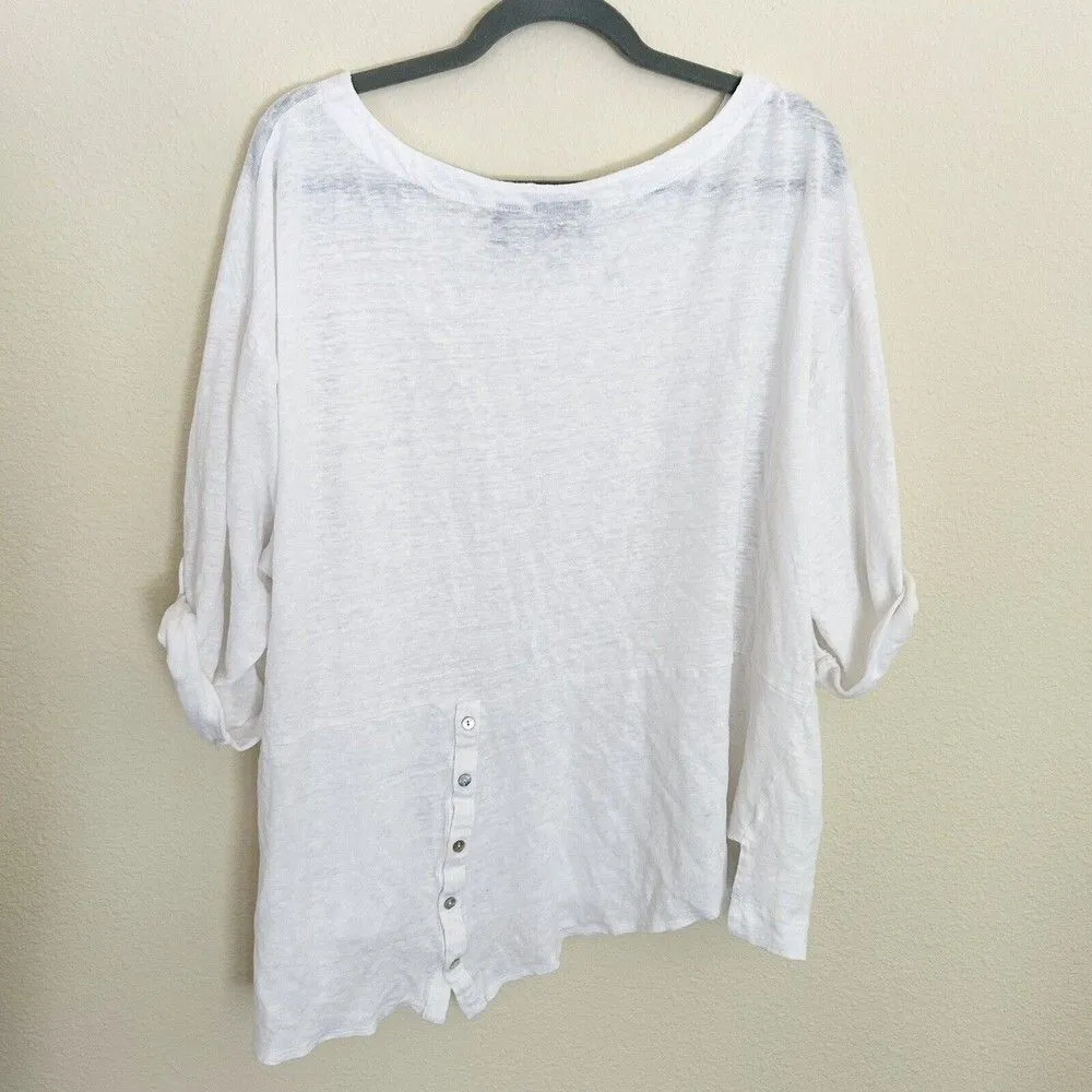 Adrienne Vittadini Linen Roll Tab Sleeve Top 3X Button Back White - Image 3