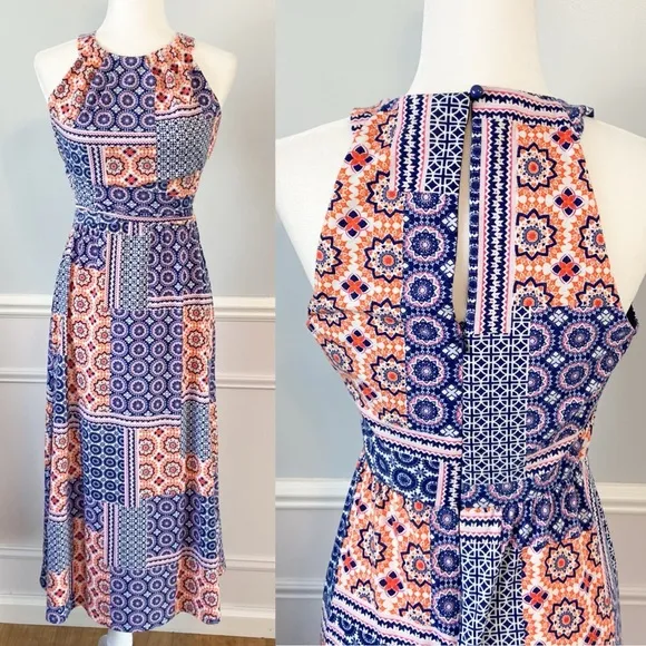 Kut from the Kloth Midi Dress Boho Round Halter Strapless Blue & Orange Size 4 - Image 2