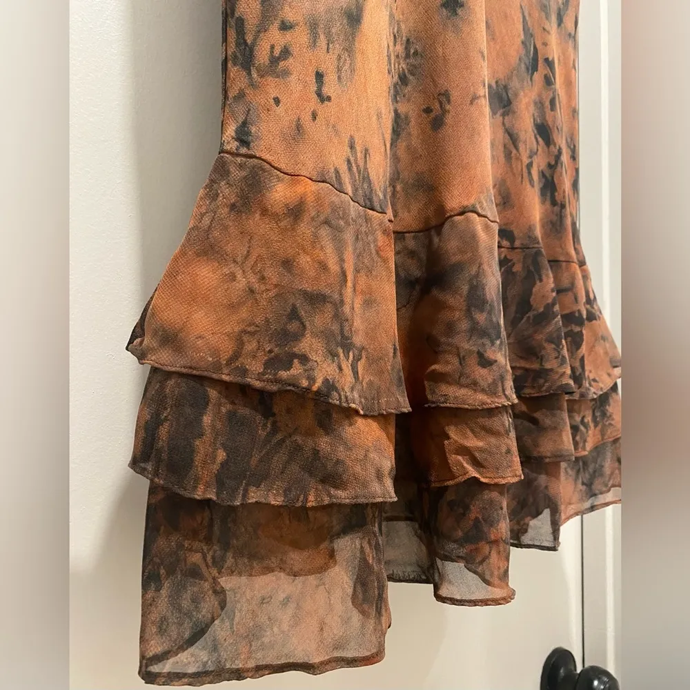 Double Zero ZERO ZERO Y2K Black & Rust Tie Dye Midi Skirt With Ruffle Hemline - S - Image 9