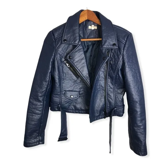 Silence+Noise Eva Vegan Leather Pebbled Moto Jacket in Navy Blue - Image 17
