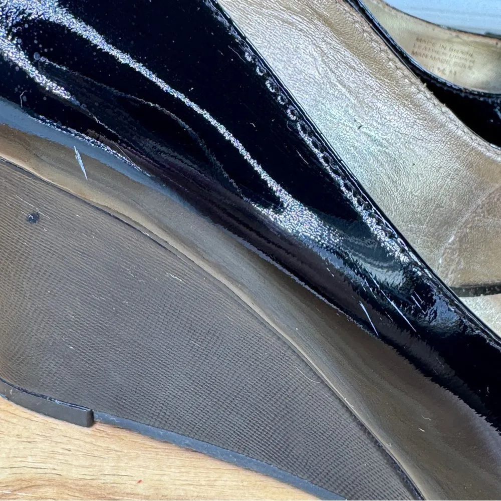 Lilly Pulitzer Patent Leather Peep Toe Wedge Heels Black 36.5‎ US 6 - Image 8
