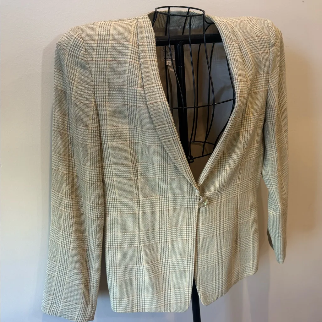 Joan & David Plaid Cream Tan Blazer Sz 6 Lana Wool Italian Single Button Jacket - Image 2
