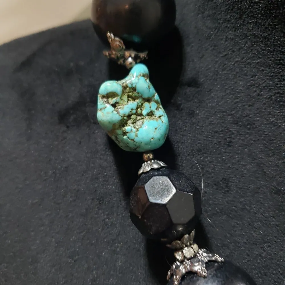 Womens Blue Black Turkey Turquoise Round Onyx Beads Gems Stone Necklace - Image 5