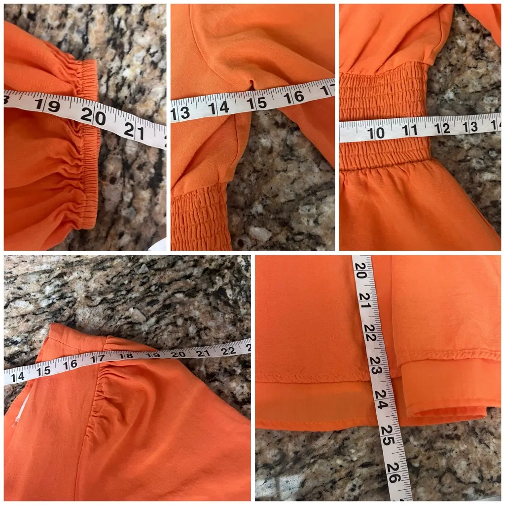 Copper Orange Babydoll Mini Dress Coquette Smocked Waist Long Sleeve S Boho - Image 6