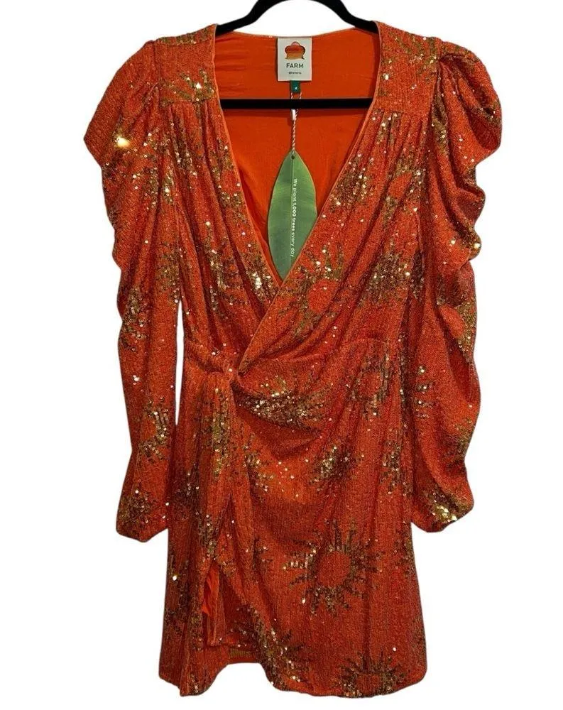 NEW NWT Farm Rio Sunny Mood Orange Sequin Long Sleeve Mini Dress - Image 6