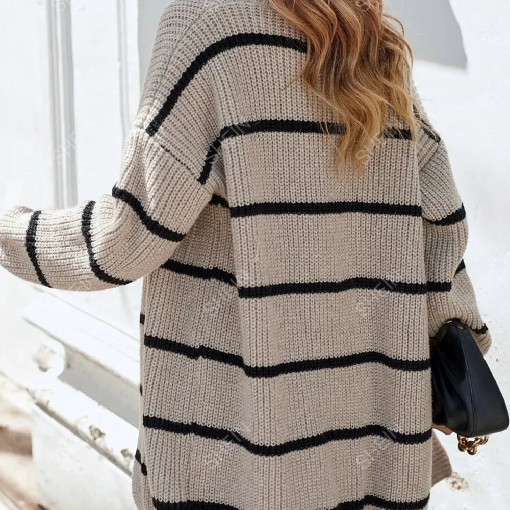 Casual Striped Cardigan Long Sleeve Grey Women Cardigans (Women's) Size M - Image 2