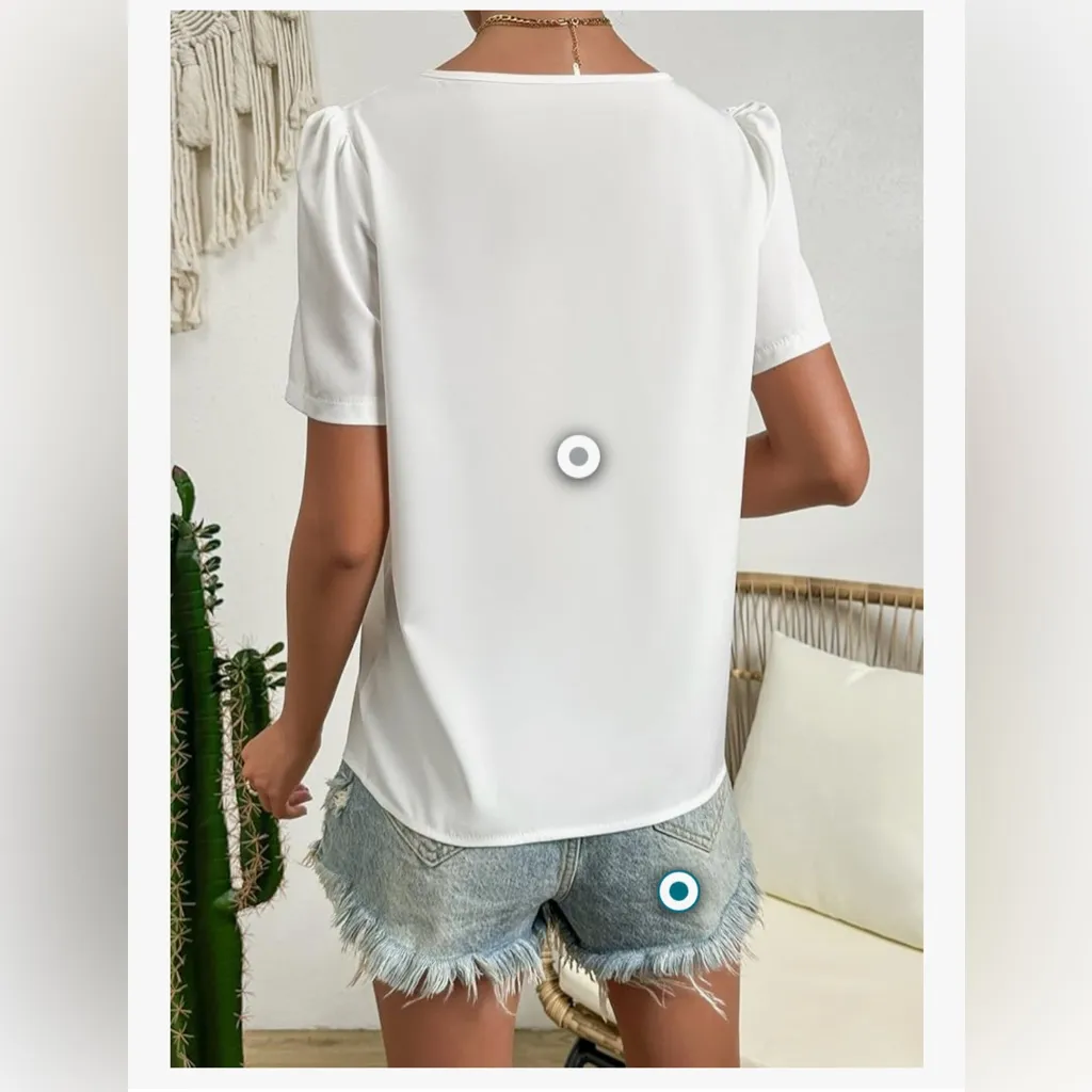 NEW Elegant Asymmetrical Neck Puff Sleeve Blouse Short Sleeve Blouse Top M White Size M - Image 2