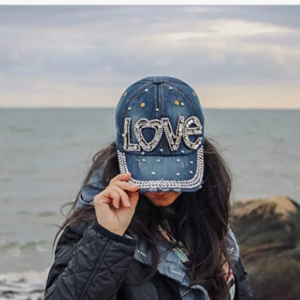 Love Embellished Distressed Denim Adjustable Bling Cap OS Blue - Image 2