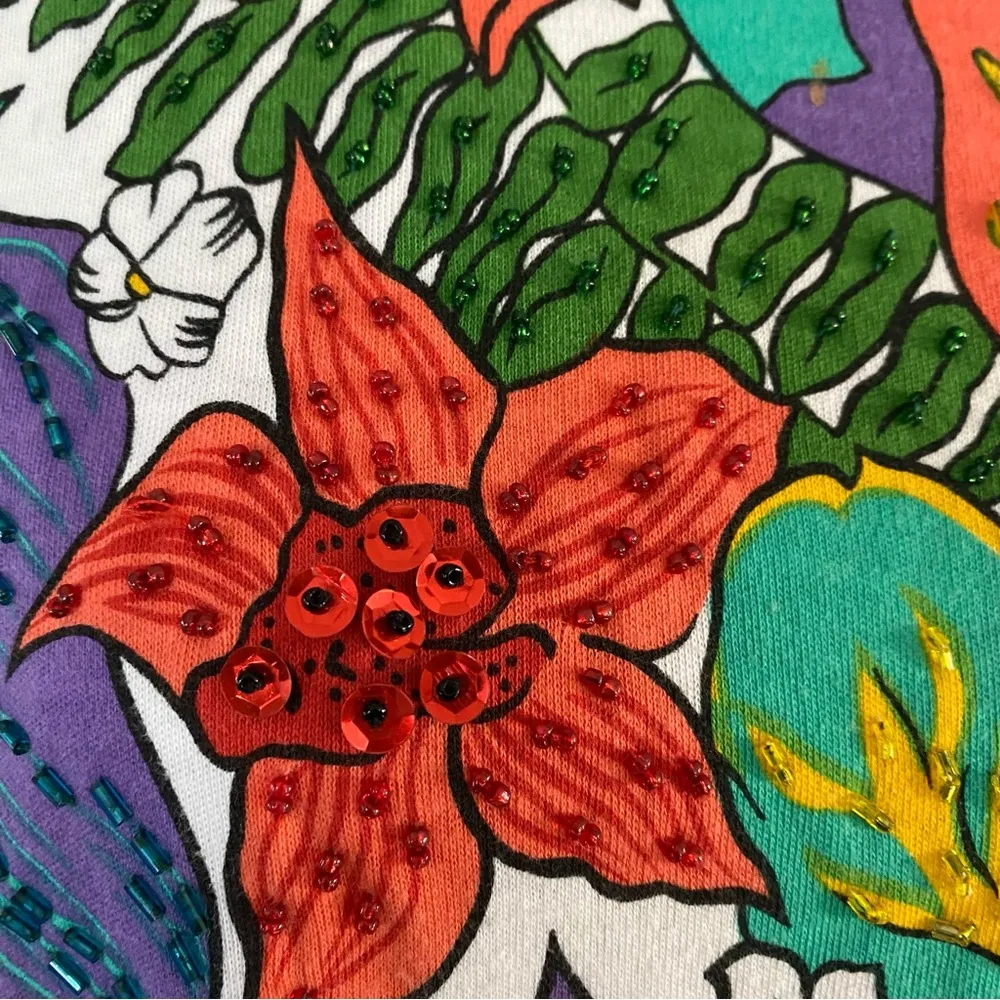 Vintage Victoria Harbour Tropical Foliage & Flower Sequin Beaded Graphic Shirt White Size L - Image 3