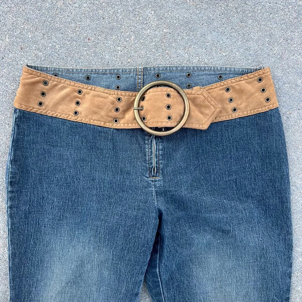 Y2K Low Rise Wide Belt Flare Leg Bareback Jeans Blue Size undefined - Image 3