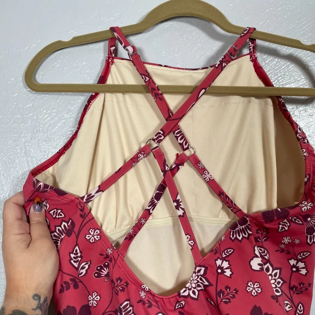 Beach Betty Women XL Rust Red Floral One Piece Swimsuit Crossback Straps Lined - Image 5