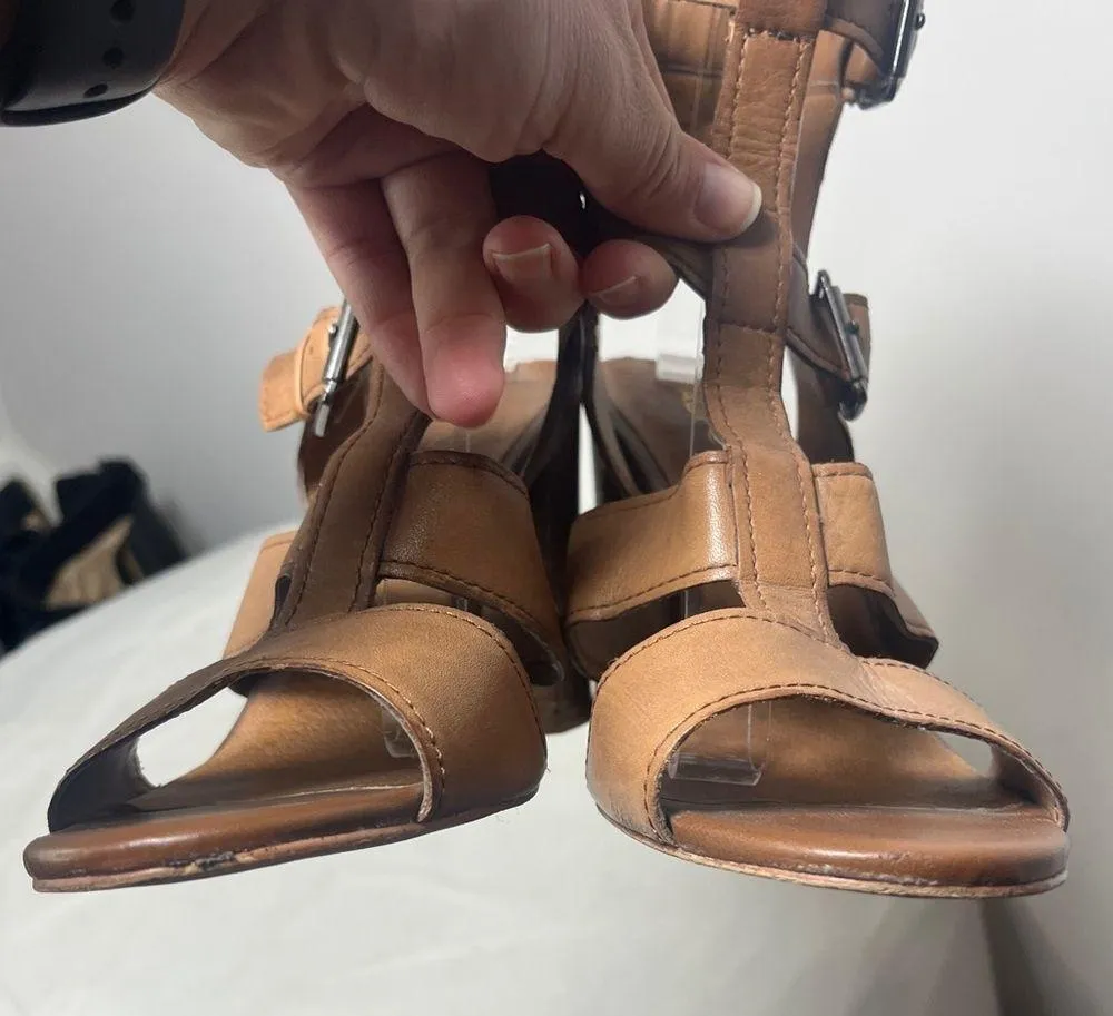 Aldo Strappy Gladiator Stacked Block Heel Leather Sandals Cognac Sz 9 - Image 3