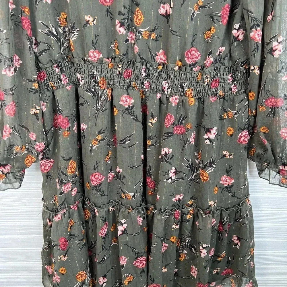 DREW Anthro Green Floral Print Dress Gold Stripes Long Sleeves Smocked Size L - Image 12