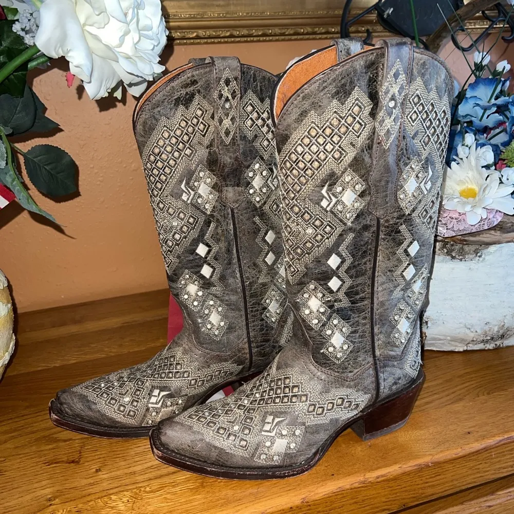 Distressed Brown Embroidered/Crystal   Western Boots  US6 MEX23 - Image 4