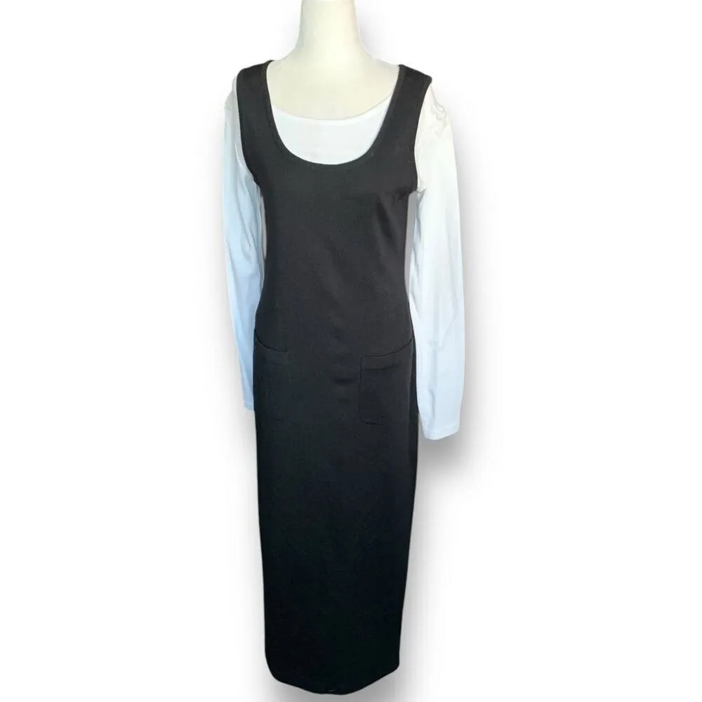 Vintage 90s Black Jumper Maxi Dress White Long Sleeve Crewneck Shirt Layered Black - Image 2