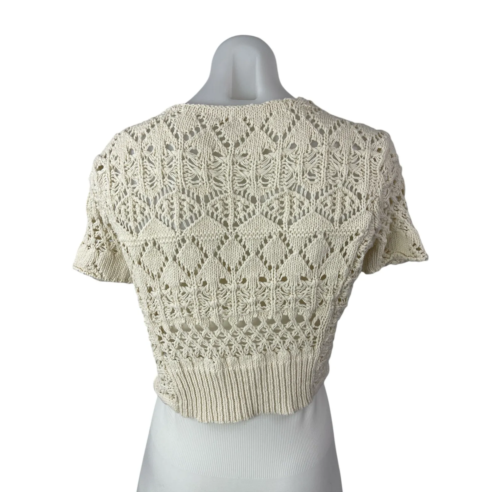 Tea & Cup Cream Crochet Short Sleeve Short Cardigan Bolero Jacket Shrug Top Sz M - Image 2