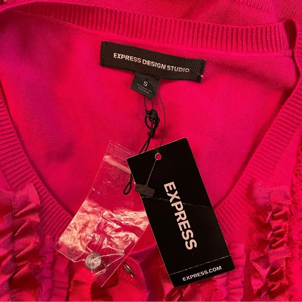 Express Y2K Pink fuchsia tiny fit Ribbon Tulle Rhinestone Cardigan Sweater S new - Image 8