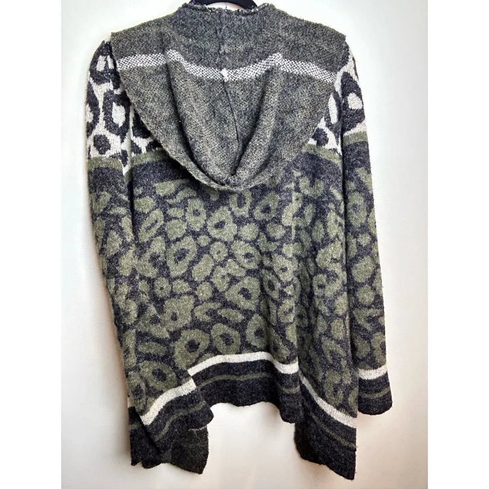 Joseph A.  Leopard Sweater Cardigan Hoodie Size Small  Gray Green - Image 5