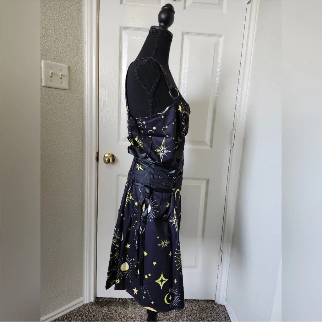 Black Celestial Print Dress Star Moon Lace Up Zipper XL - Image 3