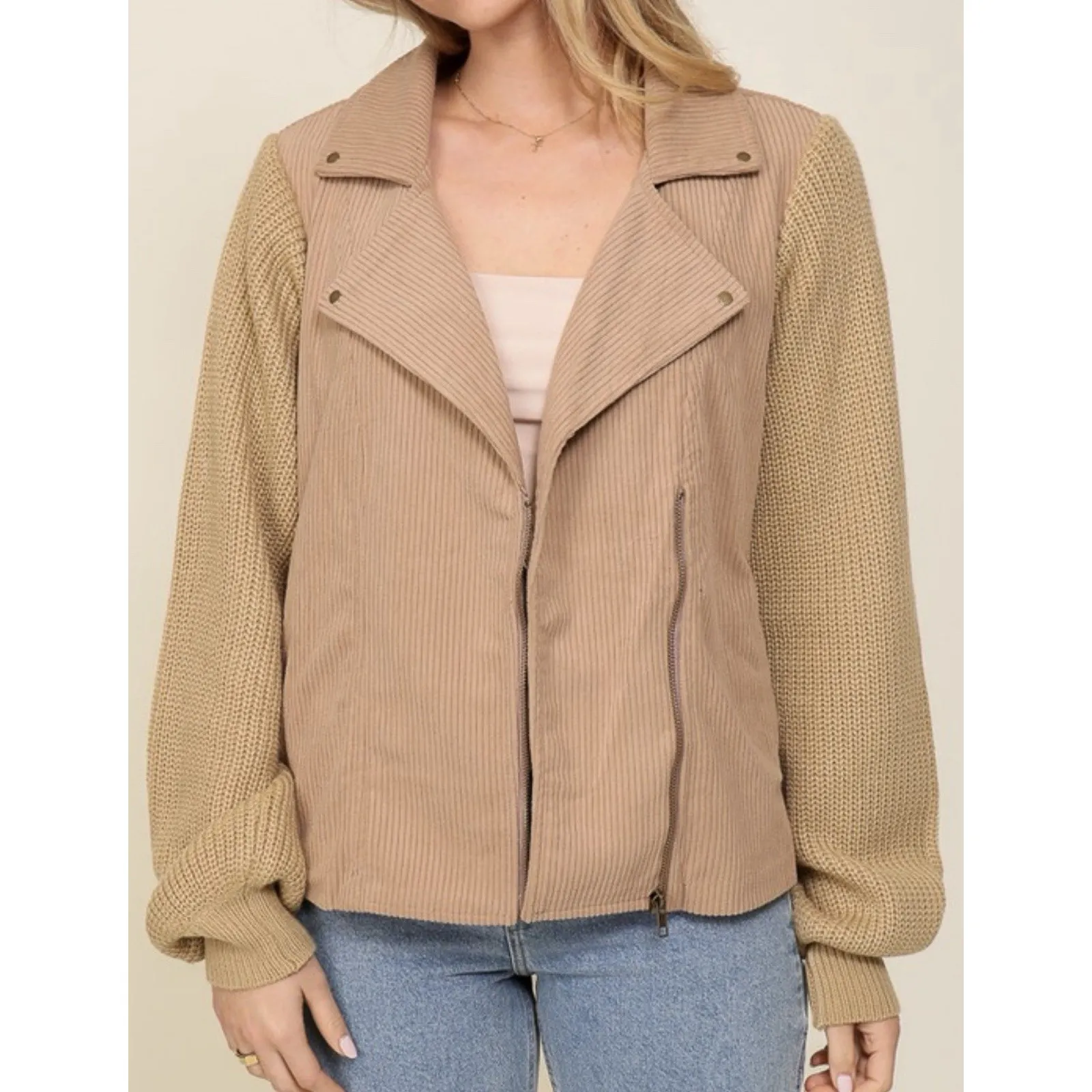 Corduroy‎ Cream sweater Moto Zipper Southern jacket Large New - Image 5