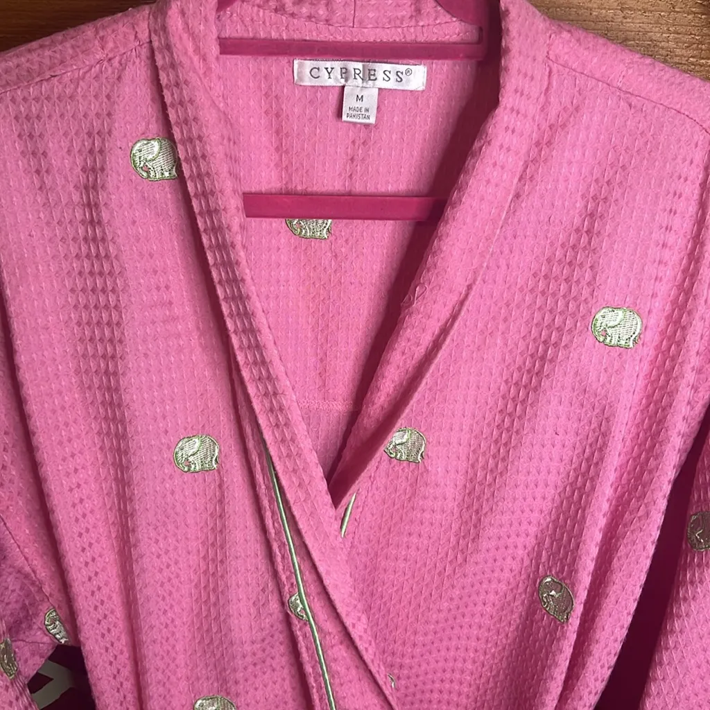 Cypress Elephant Robe Pink Green Embroider Waffle Knit Cozy Short Sleeve Lounge Size M - Image 7