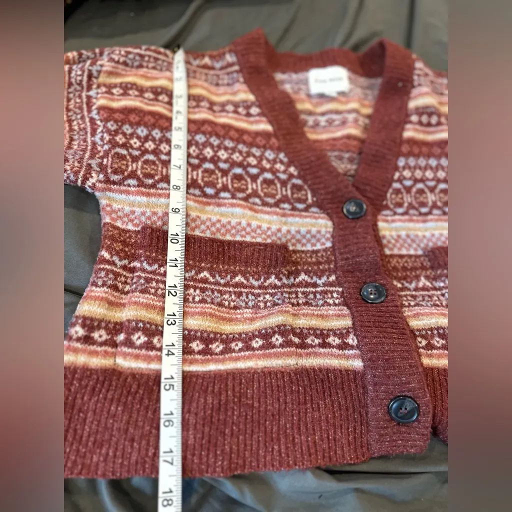 Pink Rose Sz:S Maroon Cream Striped Geometric Vneck Button Cardigan Sweater. - Image 4