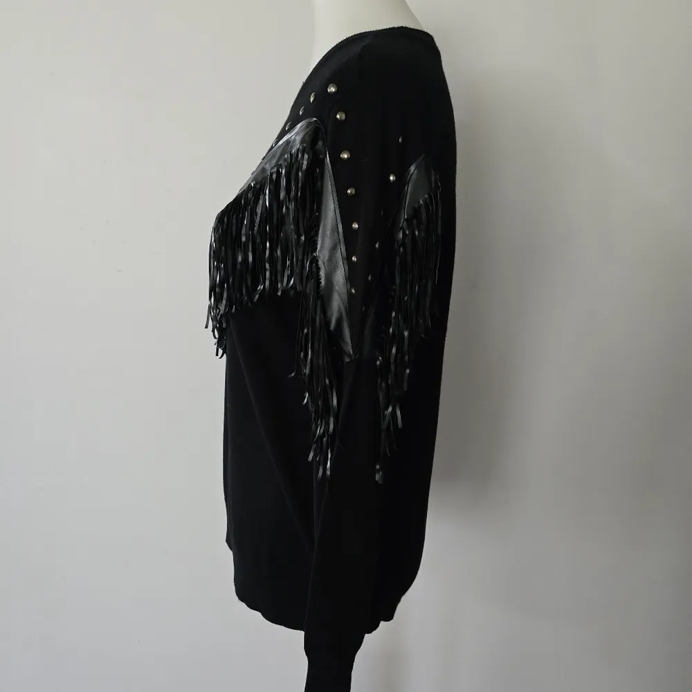 Venus Black Fringe Sweater with Faux Leather and Stud Detail Size Medium - Image 3