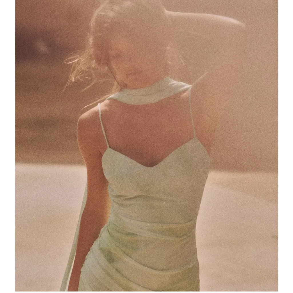 Zara NWT green tie dye tulle mesh ruched, attached scarf midi  occasion dress - Image 2