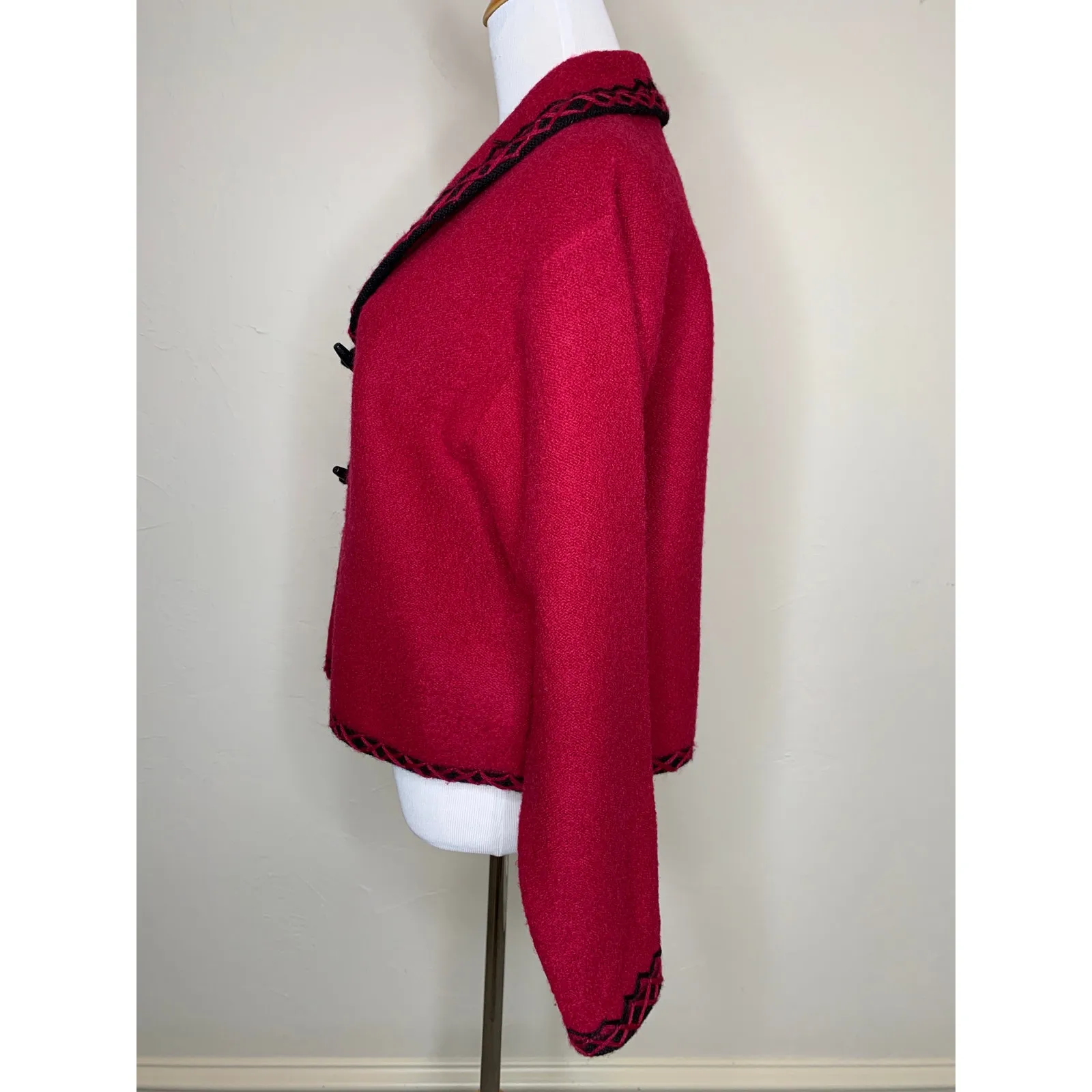 Red Wool Sweater Jacket Black Trim Vintage Christopher & Banks Sz Large - Image 3