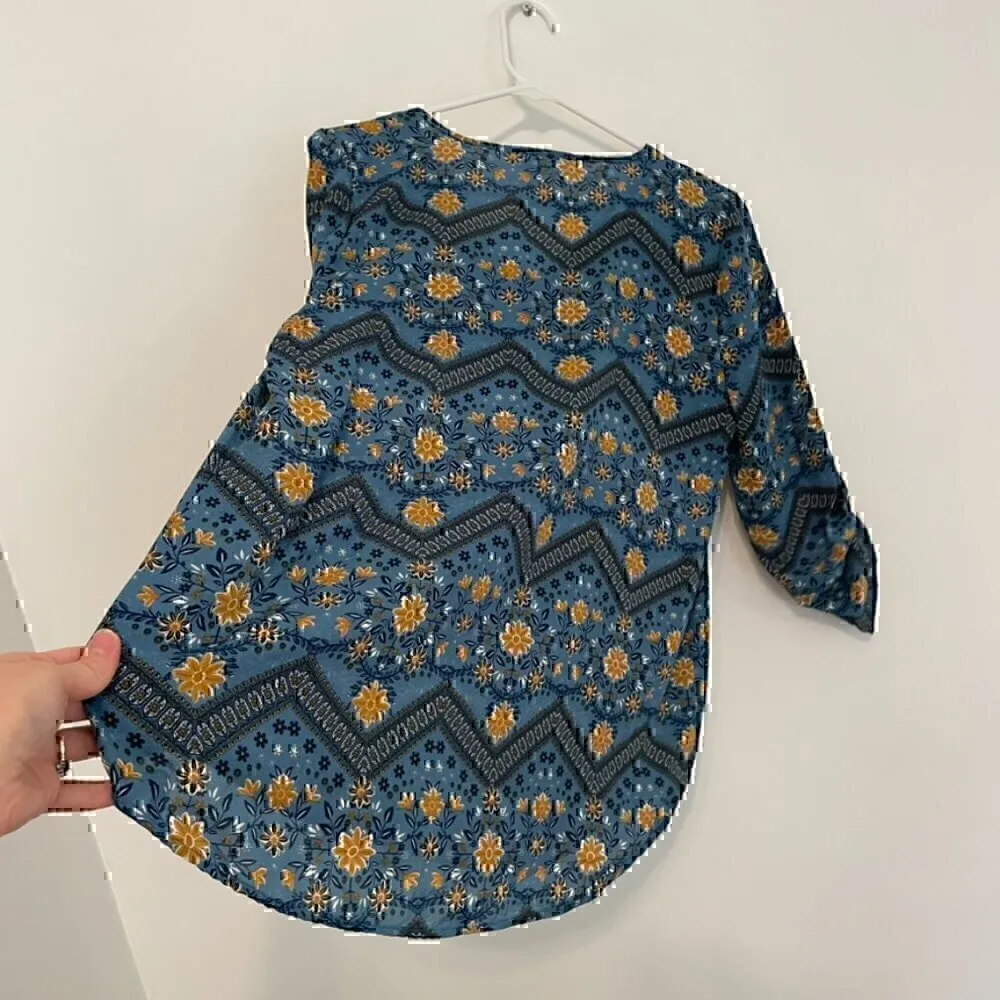 PINK ROSE Blue Mustard Navy Floral Chevron 3/4 Sleeve Roll Tab Sleeve Blouse Top - Image 12