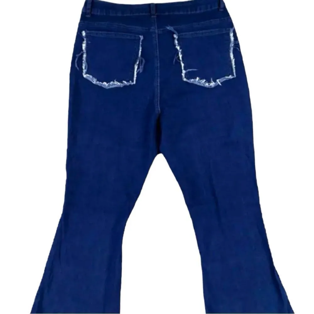 Retro 70’s vibe patchwork look high rise stretchy flared leg jeans! New! Blue Size undefined - Image 5