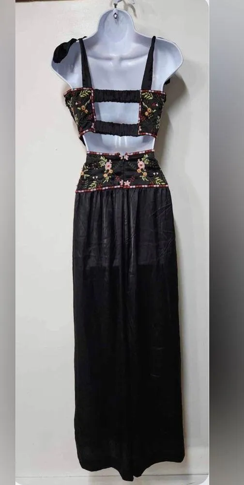 Free People Ensemble Petra Black Satin Pant Crop Top Set Embroidered Size 2 - Image 5